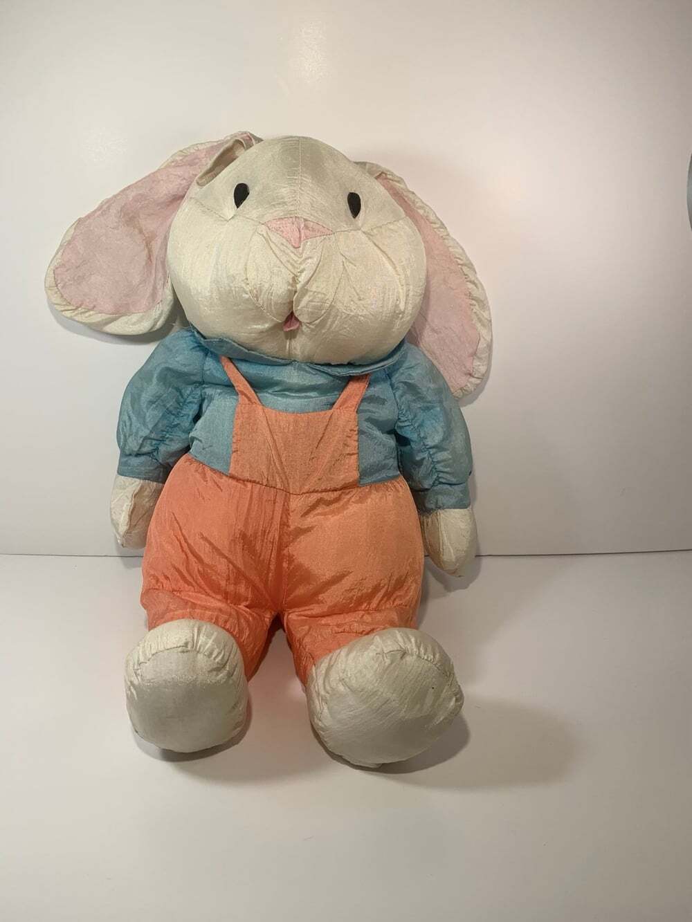 Nylon Easter Bunny plush blue with orange overalls 14”